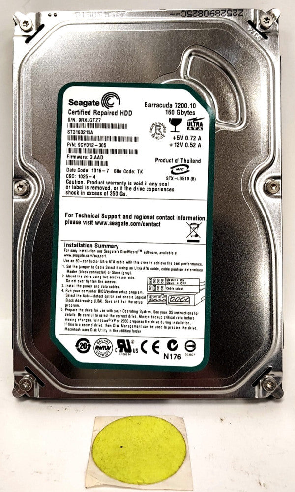 SEAGATE HARD DRIVE 9CY012-305  160GB   +5V 0.72A +12V 0.52A