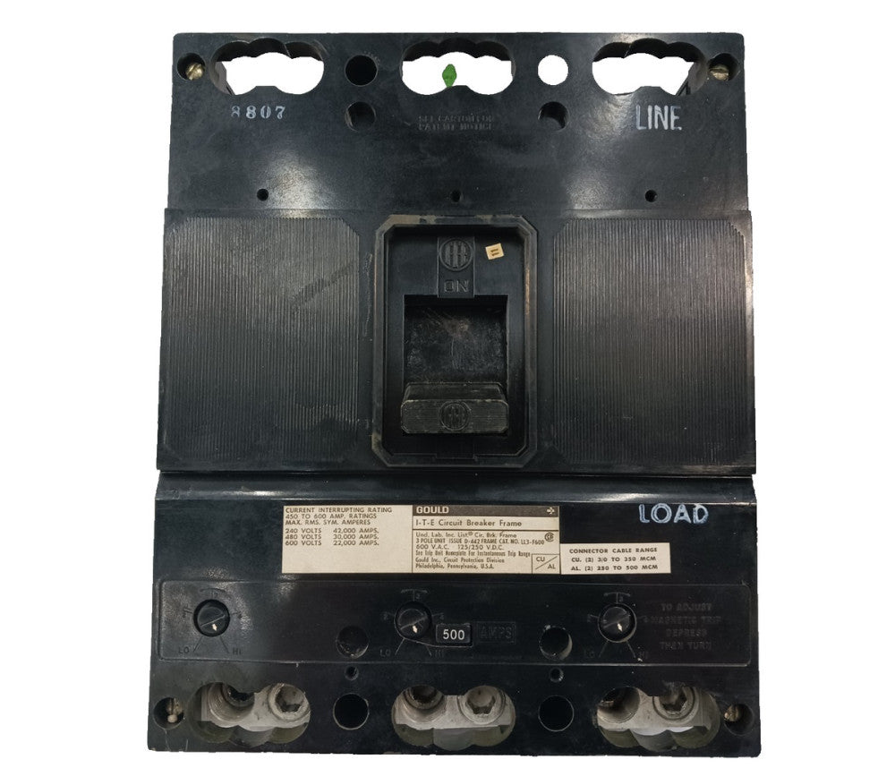 Gould ITE 600 Amp Circuit Breaker With 500 Amp Trip 600 VAC 3 Pole  LL3-F600