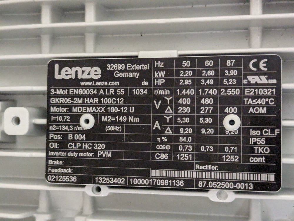 Lenze GKR05-2M HAR 100C12 3-Phase AC Motor EN60034 MDEMAXX 100-12U - Free Ship