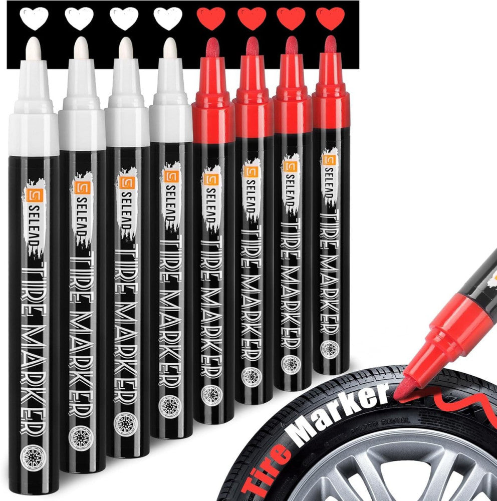 SELEAD Tire Marker White Red - 8 Pack Paint Pens for Car Tires 4white+4red 