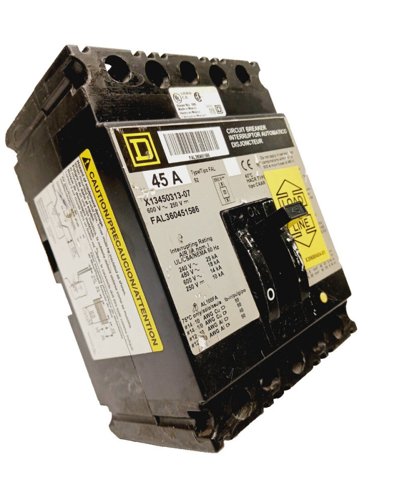SQUARE D 45 AMP CIRCUIT BREAKER 3 POLE 600 VAC / 250 VDC  FAL360451586
