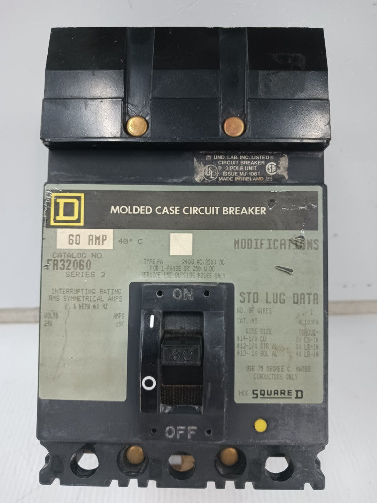 Square D 60 Amp I-Line Molded Case Circuit Breaker 3P 240 VAC / 250 VDC FA32060