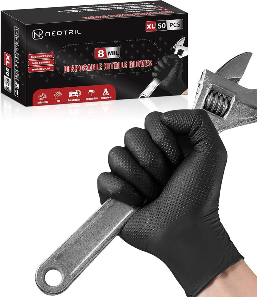 8 Mil Heavy Duty Disposable Nitrile Gloves with XX-Large, Box of 50 / Black 