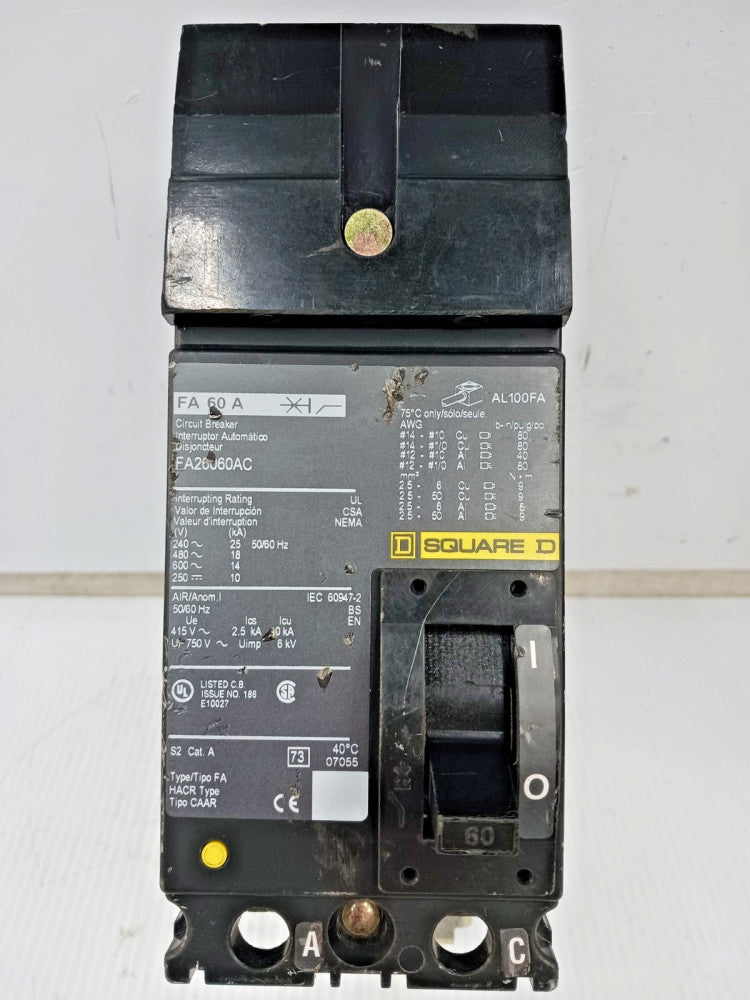 Square D 60 Amp I-Line Circuit Breaker 2 Pole 600 VAC / 250 VDC FA26060AC *Flaw*