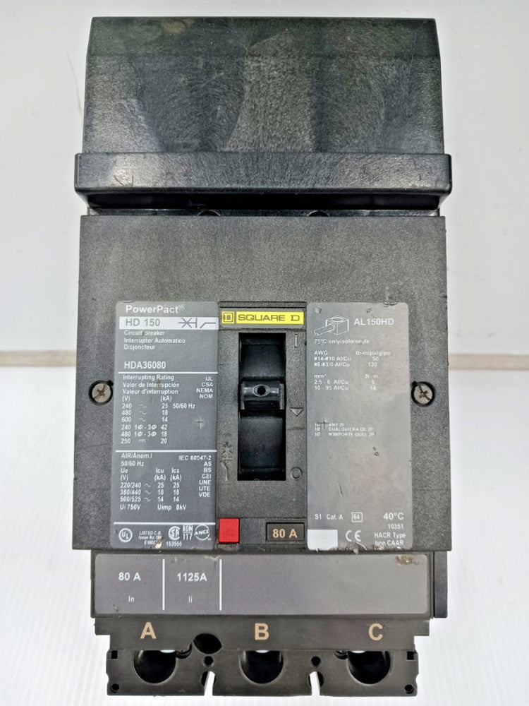 Square D PowerPact 150 Amp I-Line Circuit Breaker 3 Pole 600 VAC 18kA HDA36080
