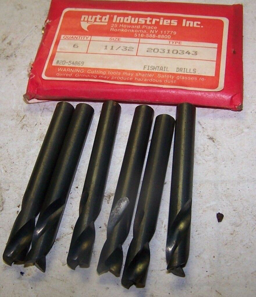 6) NEW NYTD INDUSTRIES FISHTAIL DRILL BITS 11/32" X 3" 20910343 #20-54869