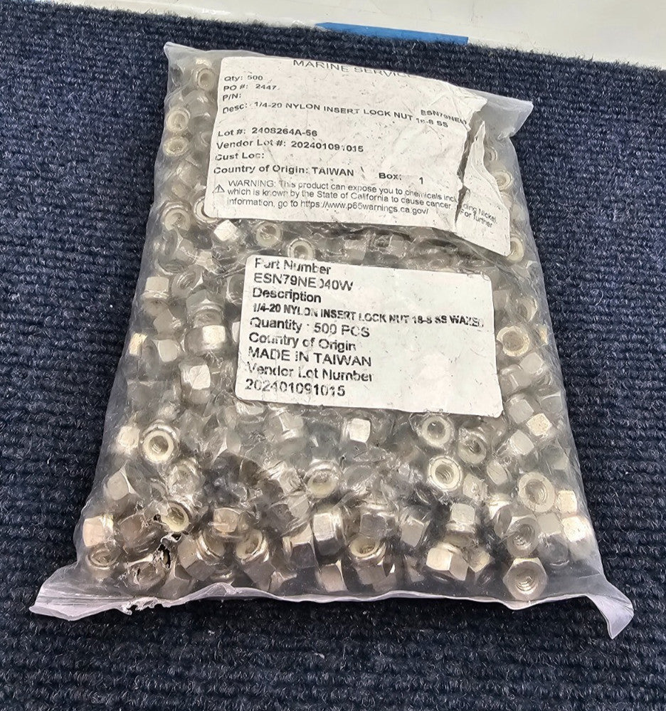 (QTY 500) MARINE SERVICE ESN79NE040W: 1/4-20 NYLON INSERT LOCK NUT 18-8 SS WAXED