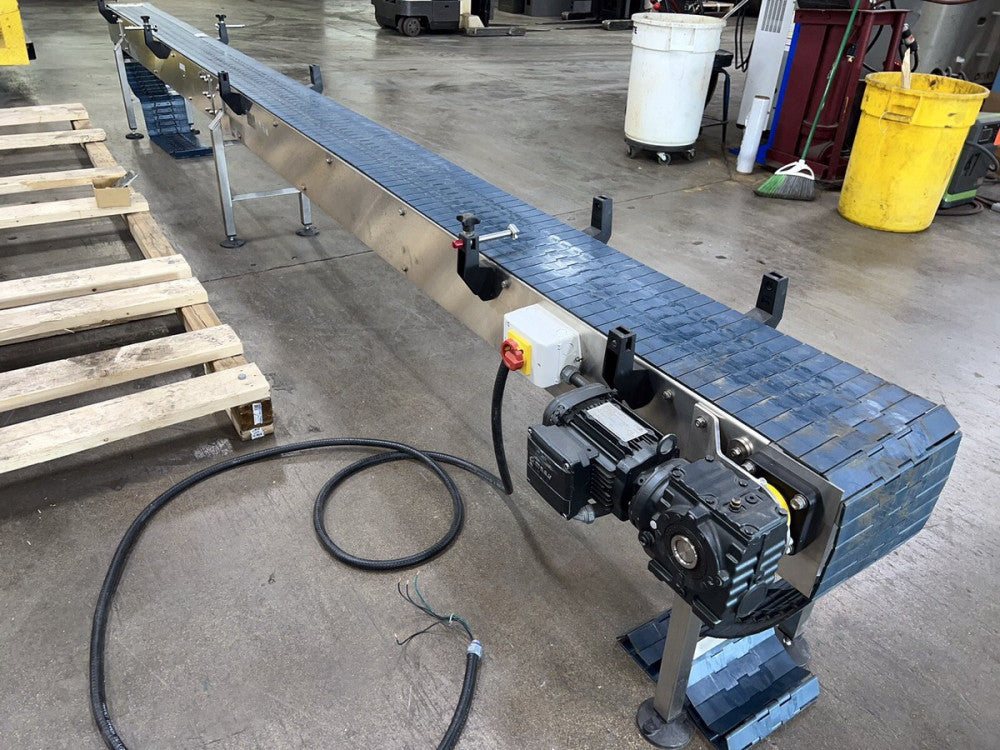 Stainless Steel Conveyor with Plastic Table Top Belt, 10"W x 209"L