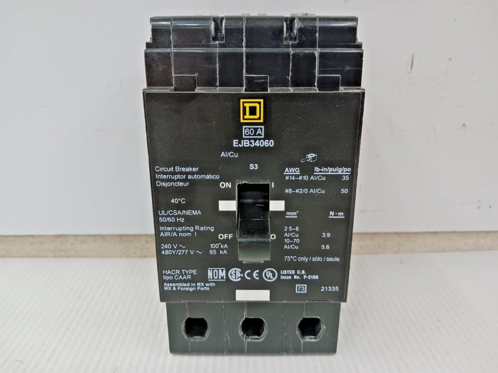 Square D 60 Amp Bolt-On Circuit Breaker 3 Pole 480Y/277 VAC 65kA EJB34060