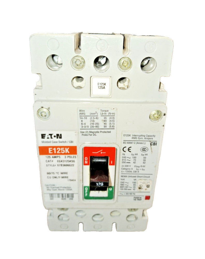 EATON MOLDED CASE SWITCH 125 AMP 3 POLE 65K @ 480 VAC  EGK3125KSG