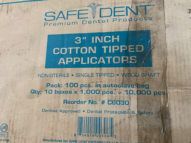 (Case of 10,000) Safe-Dent 3" 100% Cotton Tip Applicators Non-Sterile, C6030