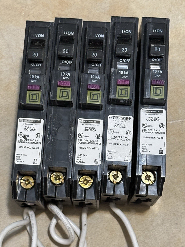 Lot Of 5 Square D QO120DF 1 Pole 20 Amp Dual Function Pigtail Breaker