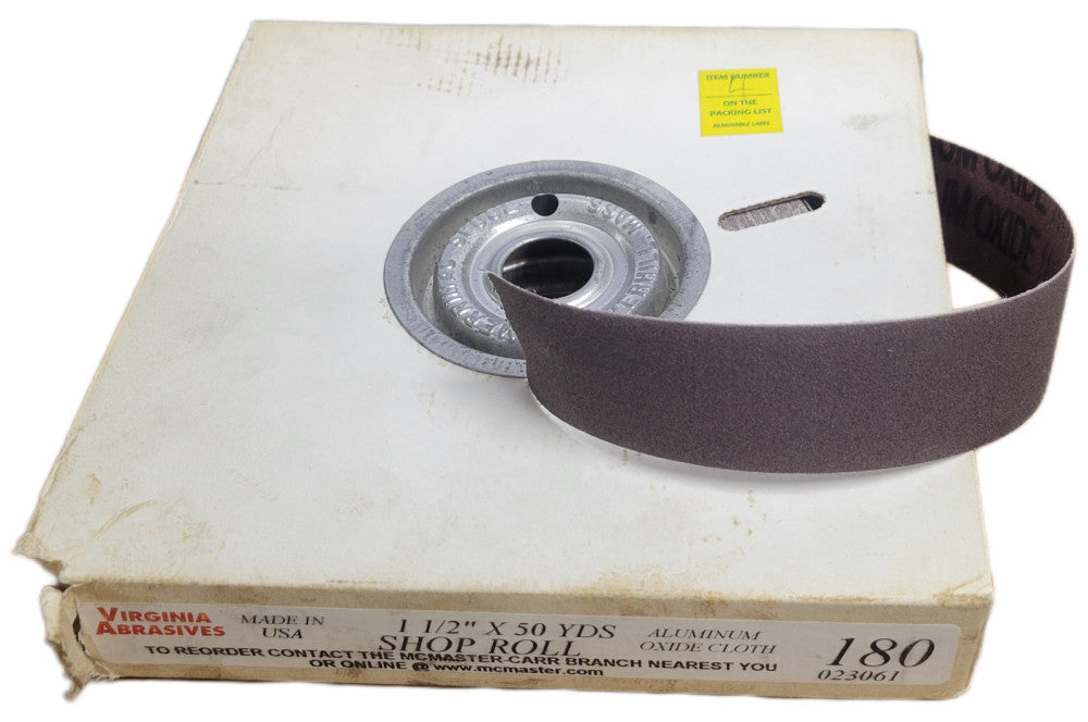 VIRGINIA ABRASIVES SHOP ROLL, 023101, 1-1/2" X 25 YDS, 180 GRIT, ALUMINUM OXIDE