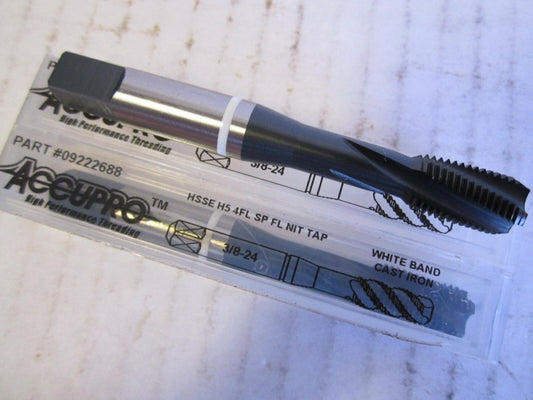 3/8-24 HSSE H5 Spiral Flute White Band 4-Flute Cast Iron Mod Bottoming Taps