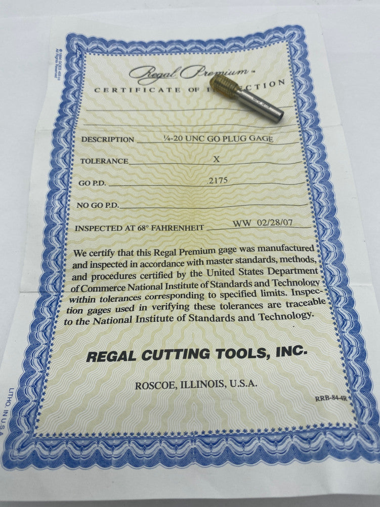 Regal Cutting Tools 1/4-20 UNC Go PD 0.2175 Thread Plug Gage 