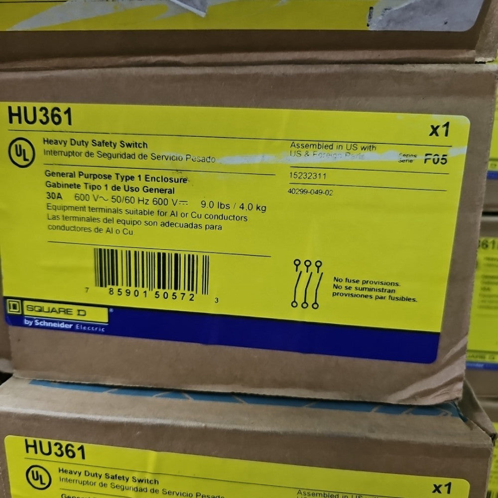 Square D HU361 Heavy Duty Safety Switch 30A 3-Pole 600V Non-Fusible 3-Wire