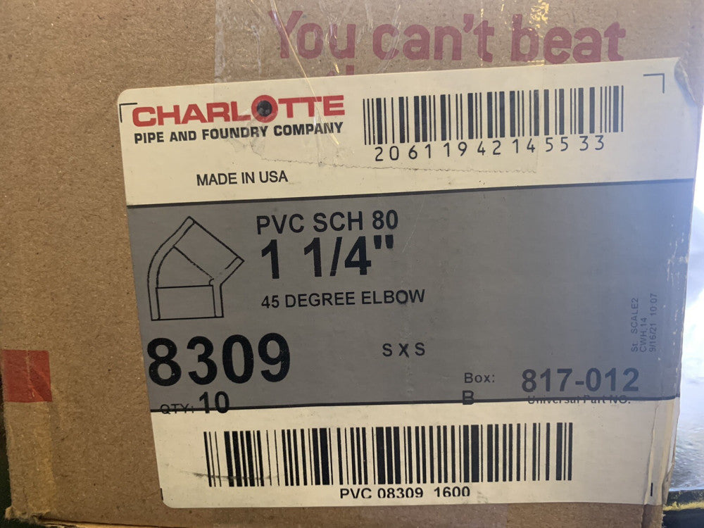 NEW Charlotte Pipe 8309, 1-1/4" 45D Elbow 817-012 (10 PC LOT)