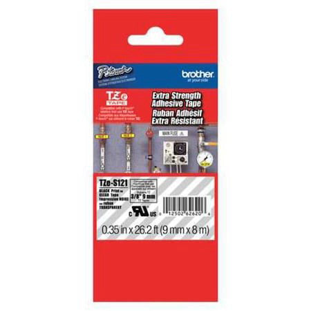 Brother Tzes121g Adhesive Tz Tape (R) Cartridge 0.35"X26-1/5Ft., Black/Clear