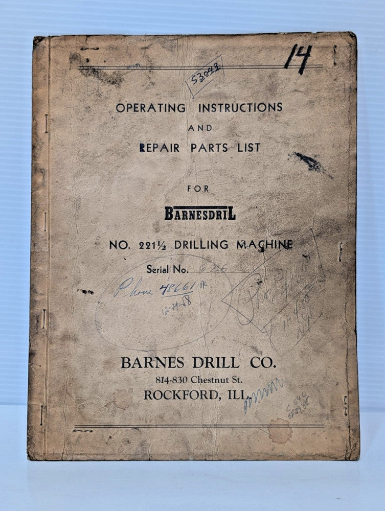 Barnes Model 221 1/2 Drill Machine Operation Manual & Parts List, as shown
