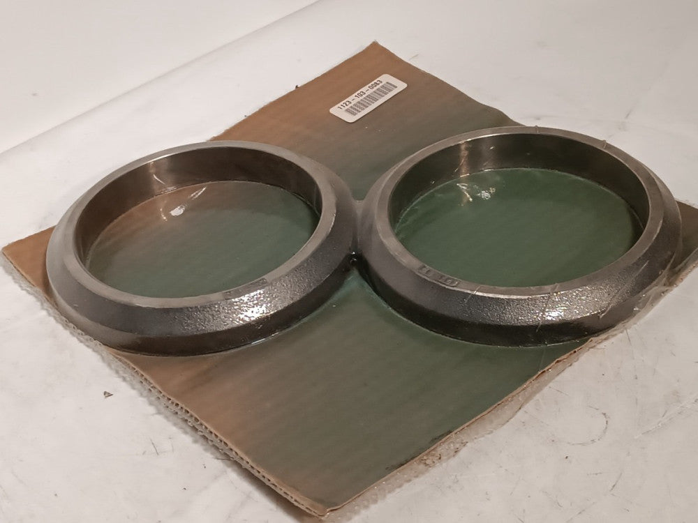 Lot of 2 Cast Iron Bearing Spacers 7" OD 5-5/8" ID 1" H chamfer possibly Bower