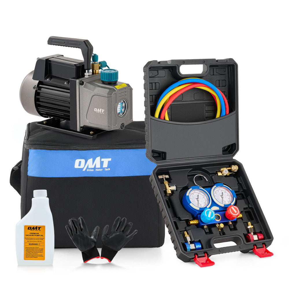 OMT Vacuum Pump & AC Gauge Set R22 R404a R134 R410 Coolant Recharging Kit 3.5cfm