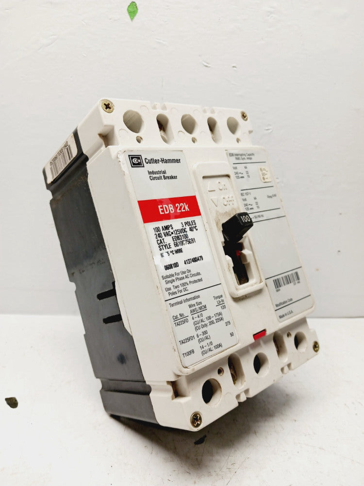 CUTLER HAMMER EDB3100 100 AMP CIRCUIT BREAKER 3 POLE 240 VAC 125 VDC 22K