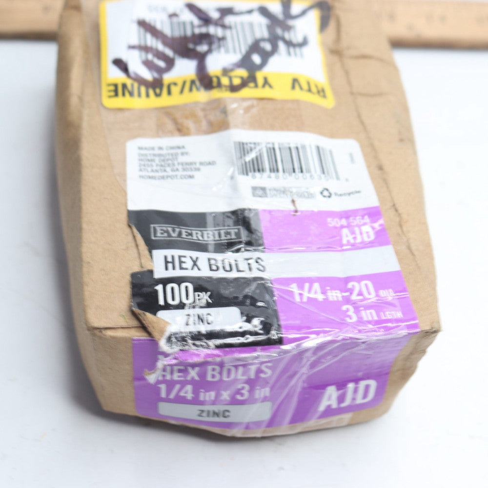 (100-Pk) Everbilt Hex Bolt Zinc Plated 1/4"-20 x 3" 504564 