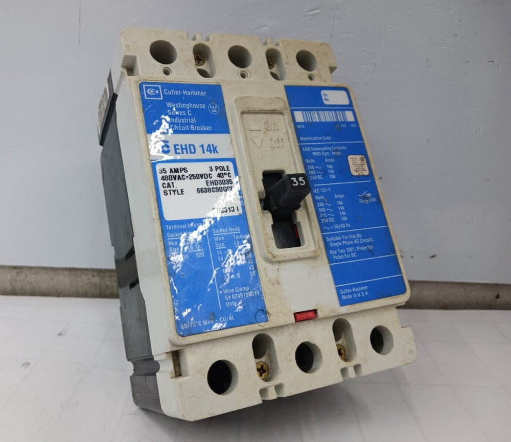 Cutler Hammer 35 Amp Circuit Breaker 3 Pole 480 VAC / 250 VDC 14kA EHD3035