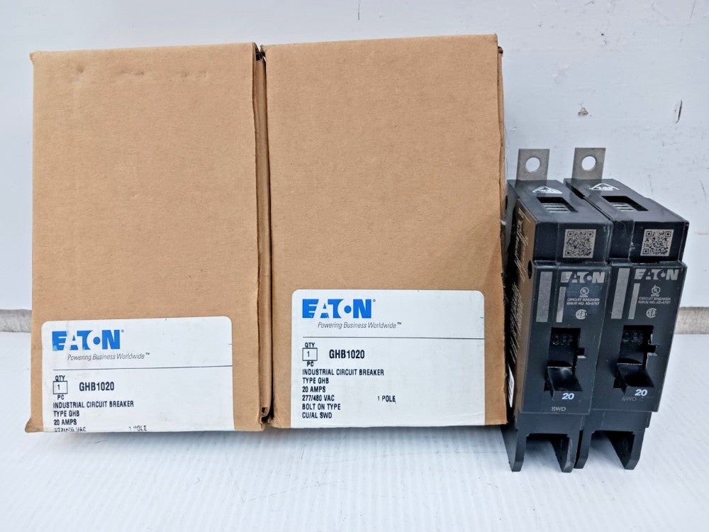 Lot Of Two) New Eaton 20 Amp Bolt-On Circuit Breaker 1 Pole 277 VAC 65kA GHB1020