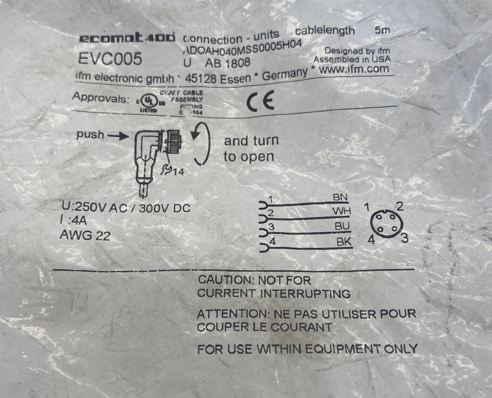NEW IFM EVC005 4-Pin Right Angle Connector Cable Cordset 5M 