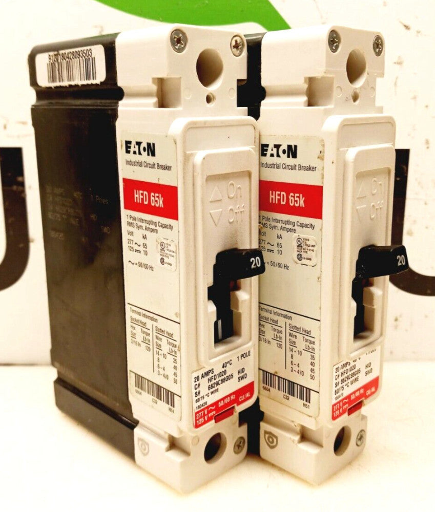 2) EATON 20 AMP CIRCUIT BREAKER 277 VAC / 125 VDC SINGLE POLE  HFD1020  LOT OF 2