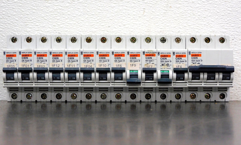 Merlin Gerin Circuit Breakers C60N Types B & D (2A, 5A, 6A, 8A, 10A) Lot of 13