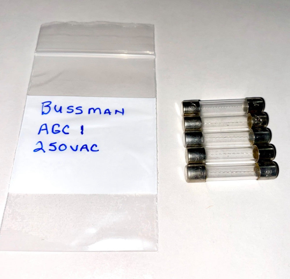 (5) Bussman AGC-1 250vac Cartridge Fuses 1-1/4" x 1/4".