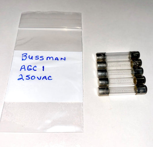 (5) Bussman AGC-1 250vac Cartridge Fuses 1-1/4" x 1/4".