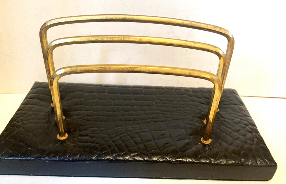 Vtg Desk Letter Rack 3 Tiers Black Embossed Leather & Brass Executive 8.5"x 4"
