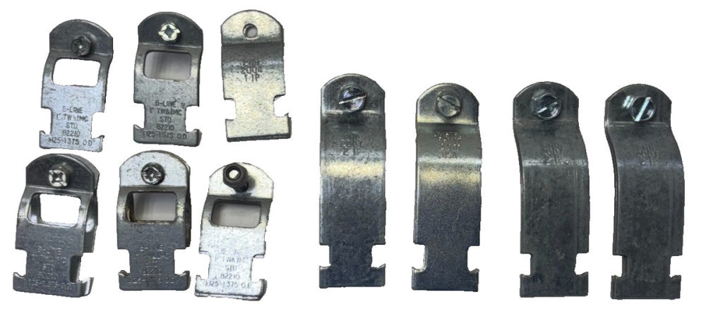 ASSORTED PIPE CLAMPS LOT OF 10 B-LINE SIZE 1IN PHD 1IN 2IN UNISTRUT SIZE 2IN