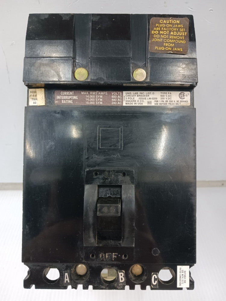 Square D 45 Amp I-Line Circuit Breaker 3 Pole 600 VAC / 250 VDC 14kA FA36045