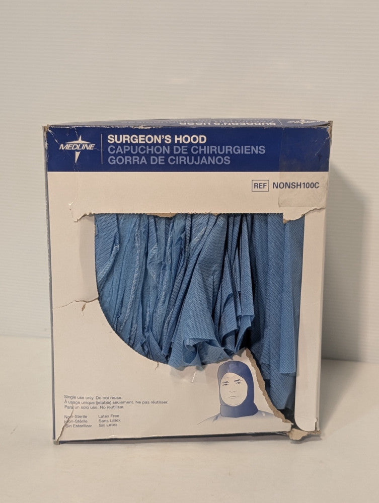 Box of Medline NONSH100C Surgeon’s Hood Tie-Back Style, One Size Fits Most, Blue