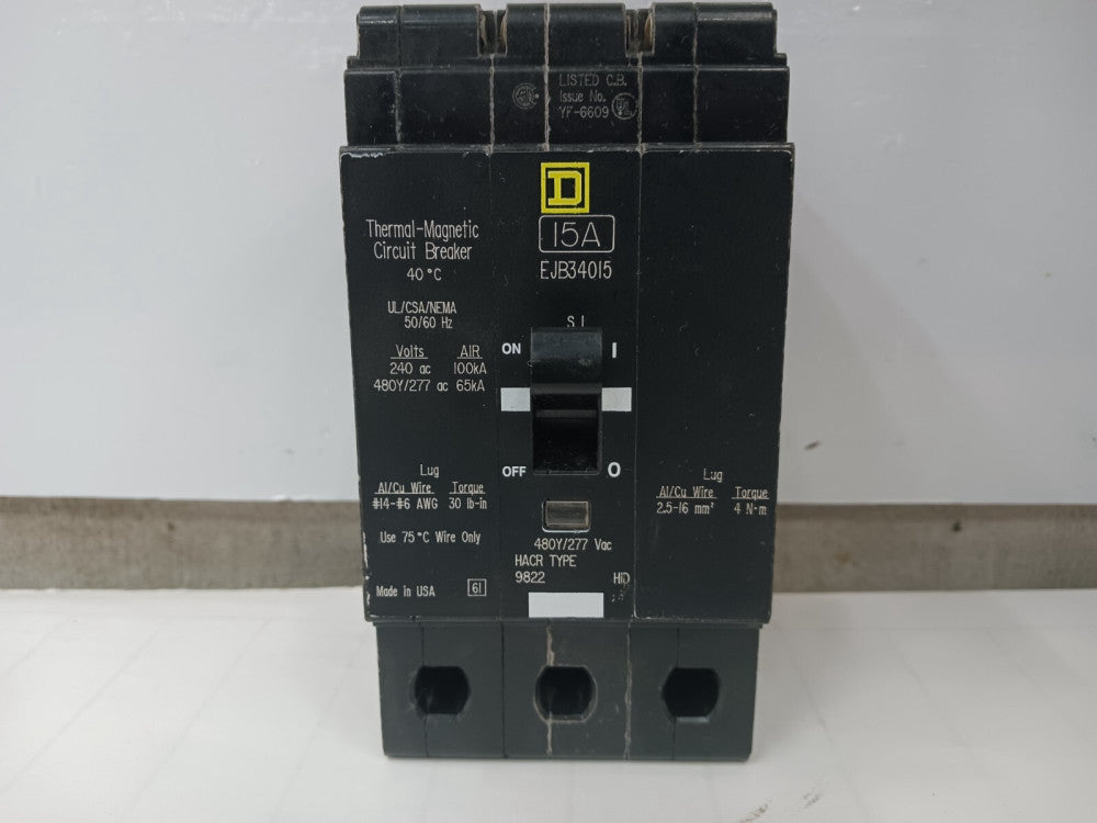 Square D 15 Amp Bolt-On Circuit Breaker 3 Pole 480Y/277 VAC 65kA EJB34015