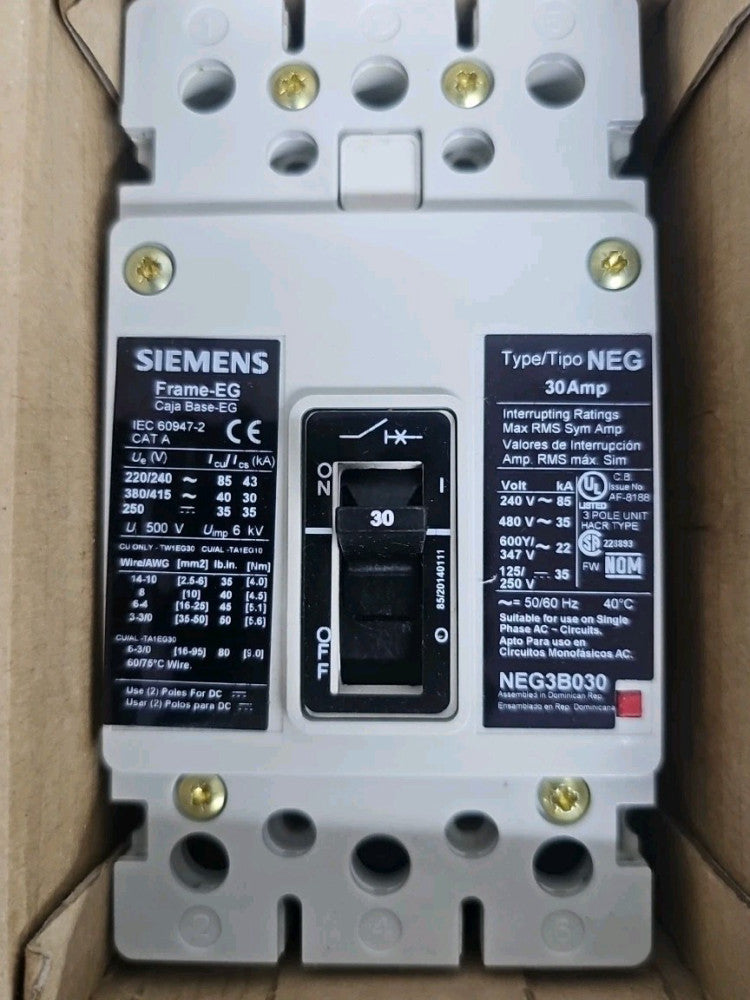 SIEMENS NEG3B030L CIRCUIT BREAKER, 30A, 3P, 35kA@480V *MISSING SCREWS*