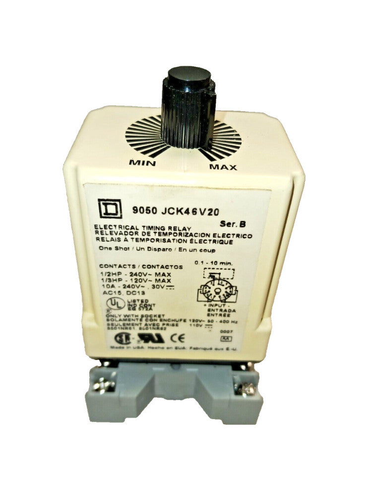 SQUARE D TIMING RELAY 0.1-10 MIN WITH BASE  9050 JCK46V20