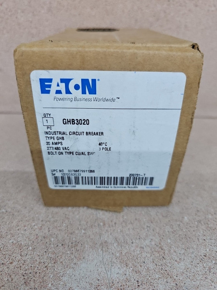 New Eaton GHB3020 20 Amp 277/480 VAC 3 Pole Type GHB Bolt-On Circuit Breaker 