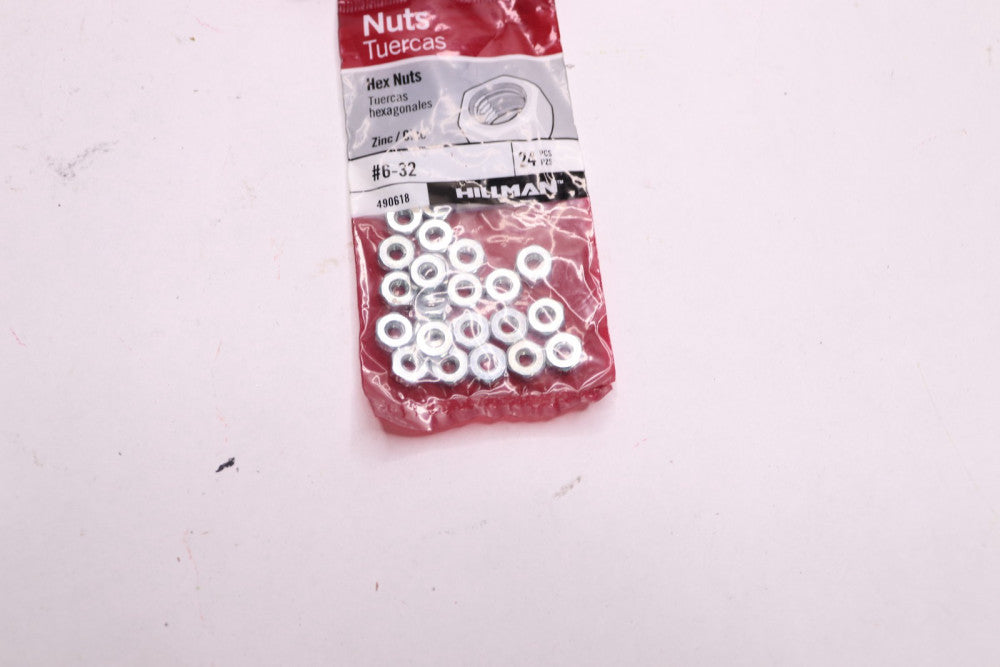 (24-Pk) Hillman Zinc Plated Standard Hex Nuts SAE #6-32 490618