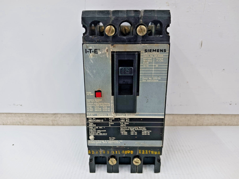 Siemens ITE Sentron 15 Amp Circuit Breaker 3 Pole 480 VAC 42kA HED43B015