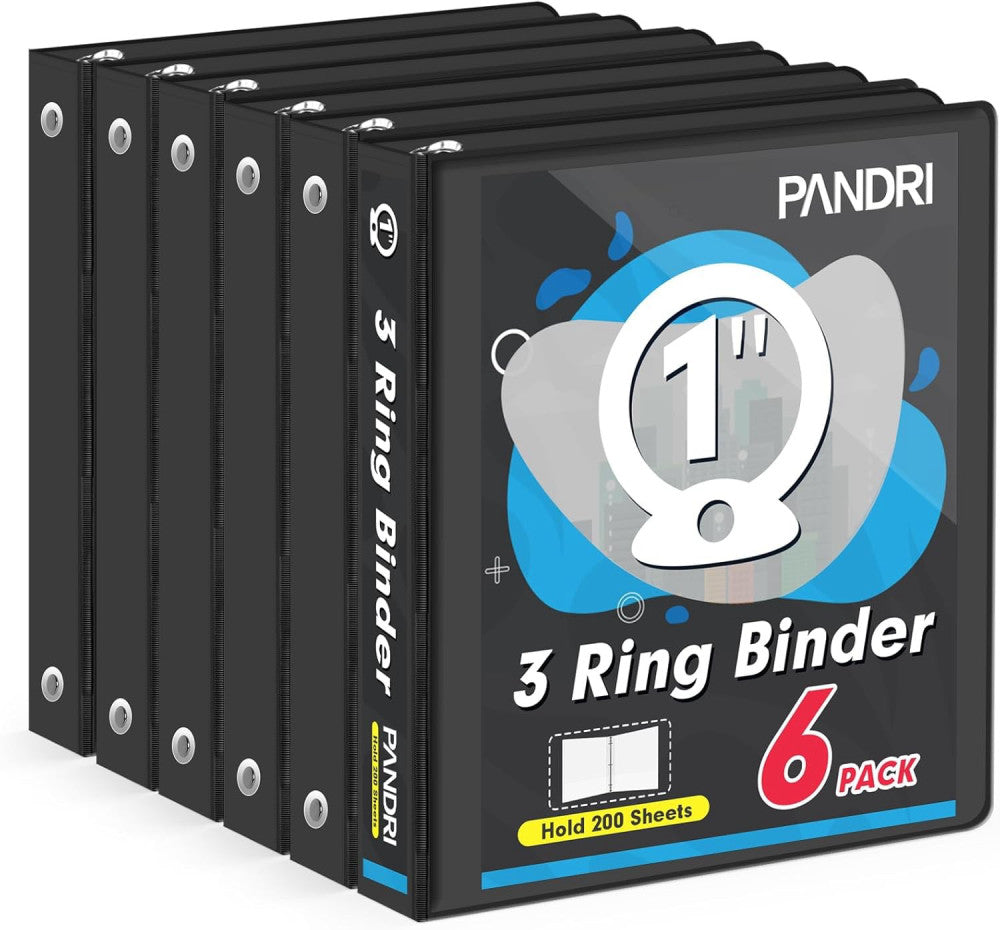 3 Ring Binder 1 Inch, PANDRI 6 Pack 1-Inch Fits Letter Size Black 