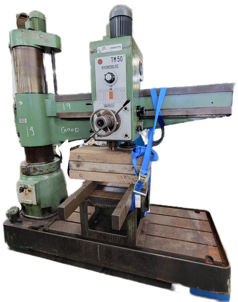 4'-12" WILLIS BERGONZI RADIAL ARM DRILL MODEL TM50, BOX TABLE COOLANT PUMP