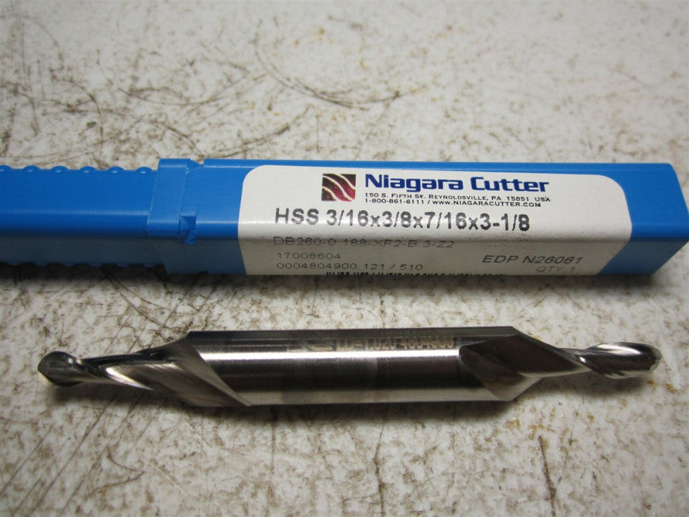 Niagara Cutter (N26061) 3/16 x 3/8 x 7/16 x 3-1/8 2 Flute HSS Ball End Mill