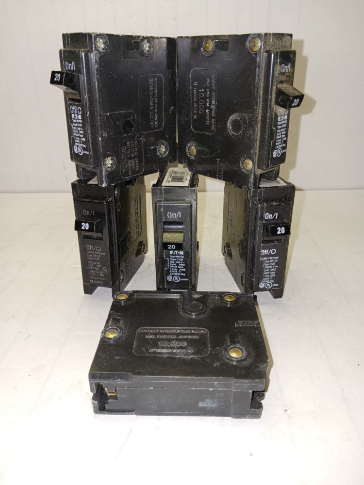 LOT OF 6) CUTLER HAMMER 20 AMP CIRCUIT BREAKER PLUG IN 120/240 VAC BR120/C120
