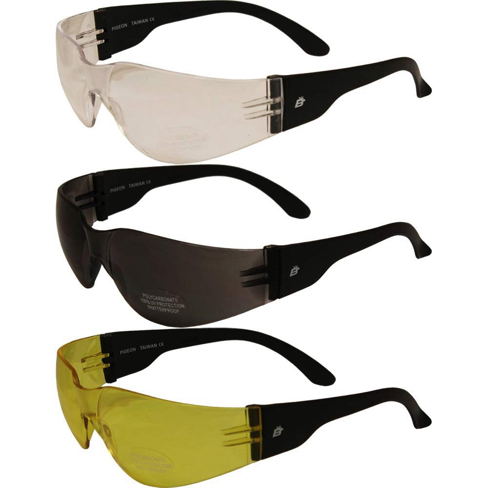 3 Pair of Pigeon Safety Glasses Black 1 Clear Lens 1 Smoke Lens & 1 Yellow Lens