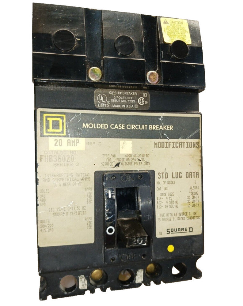SQUARE D 20 AMP I-LINE CIRCUIT BREAKER 3 POLE 600 VAC  FHB36020
